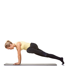 Image showing Woman, pilates and mat in studio for push ups, fitness or workout for healthy body, wellness or core muscle. Person, exercise or yoga on floor for abdomen health on mockup space or white background