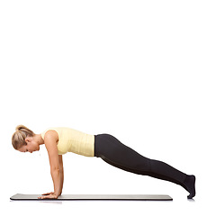 Image showing Woman, push up and fitness in studio for exercise, workout and stretching body on mockup white background. Profile of healthy lady balance on a mat for strong core, training and challenge on floor