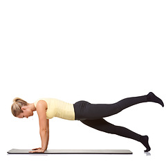 Image showing Woman, plank and mat in studio for stretching, pilates or workout for healthy body, wellness or core muscle. Person, exercise or yoga on floor for abdomen health on mockup space or white background