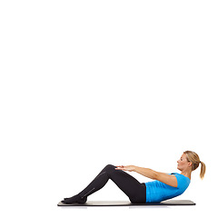 Image showing Woman, crunches or mat in studio for fitness, stretching or workout for healthy body, wellness or core muscle. Person, exercise or yoga on floor for abdomen health on mockup space or white background