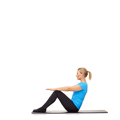 Image showing Woman, crunches or mat in studio for stretching, fitness or workout for healthy body, wellness or core muscle. Person, exercise or yoga on floor for abdomen health on mockup space or white background