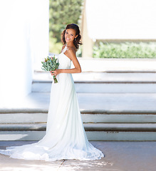 Image showing Happy, wedding and flowers with portrait of woman at venue for love, celebration and engagement. Ceremony, reception and fashion with bride and bouquet in dress for event, commitment and marriage