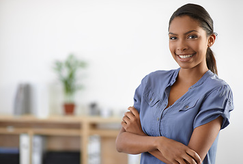 Image showing Woman, portrait and arms crossed for work confidence, business professional or happy employee. Indian person, face and smile in company office or career entrepreneur, management pride or creative job