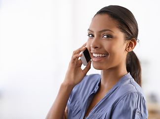 Image showing Phone call, office and portrait of business woman for communication, networking and contact. Professional, happy and face of worker on cellphone for talking, conversation and discussion in workplace