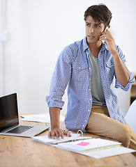 Image showing Office phone call, communication and man speaking, consulting or planning project with business contact. Problem solving discussion, serious conversation or consultant negotiation with cellphone user