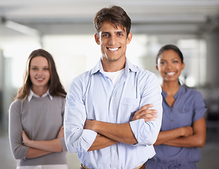 Image showing Business, people and portrait in arms crossed in office, teamwork and pride in career in office. Man, women and smile face of confident in corporate start up, professional and about us in workplace