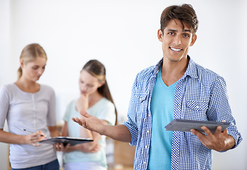 Image showing Tablet, smile and portrait of man in office doing research on the internet for creative project. Happy, digital technology and young male designer manager from Mexico with shrug gesture in workplace.