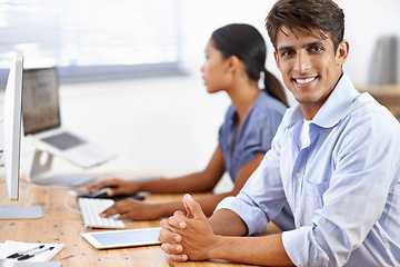 Image showing Happy, smile and portrait of man in the office with positive, good and confident attitude. Career, pride and smart young male creative designer from Mexico working on project in modern workplace.