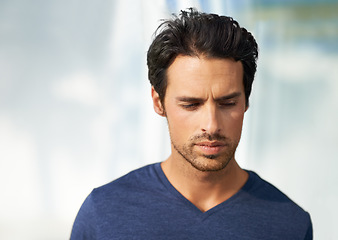 Image showing Man, thinking and sad or grief in home for lonely expression, mental health or wall background. Male person, thoughts and anxiety stress or disappointed depression or fail burnout, loss or fear risk