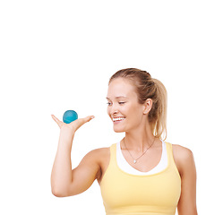 Image showing Happy woman, stress ball and anger management for anxiety against a white studio background. Face of young female person or palm smile with round object in exercise, relief or tension on mockup space