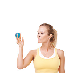 Image showing Woman, stress ball and relax in face for anxiety against a white studio background. Anger management and young female person or palm with round object in exercise, relief or tension on mockup space