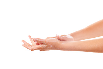 Image showing Health, soap and closeup of washing hands in studio for hygiene, wellness or selfcare. Grooming, cosmetic and zoom of person or model clean skin to prevent germs, bacteria or dirt by white background