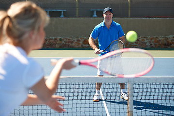 Image showing Tennis match, fitness and sports in outdoors, competition and playing on court at country club. People, training and exercise or racket for game, performance and practice or cardio workout at stadium