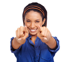 Image showing Portrait smile, woman and pointing at you, choice or decision for promotion winner, selection or choosing volunteer. Face, hand gesture and model happy for encouragement isolated on white background