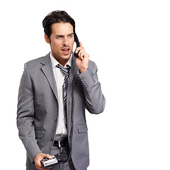 Image showing Stress, phone call or business man with telephone or work conflict, fight or difficult client feedback on studio white background. Angry, argument and frustrated entrepreneur with consulting drama