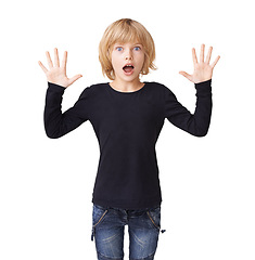Image showing Portrait, wow or surprise with a young girl in studio isolated on white background for reaction. Emoji, kids and amazing with an excited blonde child looking shocked by a notification or announcement