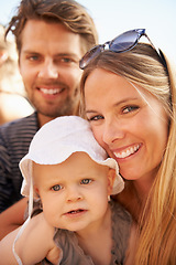 Image showing Man, woman and baby portrait for outdoor happy or nature childhood development, connection for bond. Mother, father and smile with kid as family at festival outing for holiday, vacation or weekend