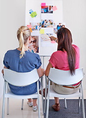 Image showing Woman, pointing and whiteboard for sticky notes in office with back for discussion, planning or collaboration. Creative, writer or team for idea, moodboard or advice for magazine design by pictures