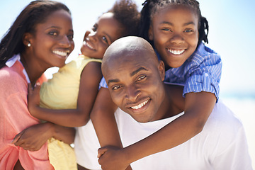 Image showing Black family, parents or children and portrait outdoor for adventure, holiday or vacation in summer. African people, face or smile on beach or nature for break, experience or bonding and relationship