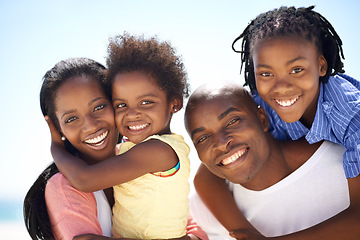 Image showing African family, parents and kids with portrait on beach for adventure, holiday or vacation in summer. Black people, face and smile outdoor in nature for break, piggyback or bonding with relationship