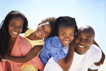 Image showing African family, parents and kids with piggyback on beach for adventure, holiday or vacation in summer. Black people, face or smile outdoor in nature for break, playing or bonding with relationship