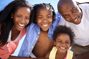 Image showing African family, parents or children and portrait at beach for adventure, holiday or vacation in summer. Black people, face or smile outdoor in nature for break, experience or bonding and relationship