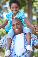 Image showing Child, happy father in portrait and piggyback outdoor, care or bonding together. Face, African dad carrying kid and smile in nature, family play in forest or park, love of parent and summer vacation