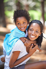 Image showing Child, happy mother in portrait and piggyback outdoor, care or bonding together. Face, African mom carrying kid and smile in nature, family play in forest or park, love of parent and summer vacation
