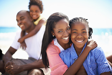 Image showing African family, parents or children and hugging at beach for adventure, holiday or vacation in summer. Black people, face or smile outdoor in nature for embrace, experience or bond and relationship