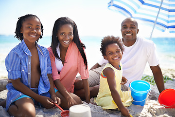 Image showing African family, parents or children and portrait at beach for adventure, holiday or vacation in summer. Black people, face or smile outdoor in nature for playing, experience or bond and relationship