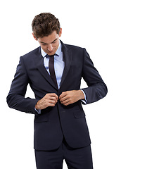 Image showing Jacket, button and businessman adjust suit in white background of studio. Business, fashion and corporate entrepreneur with professional style for work in mock up space with confidence and pride