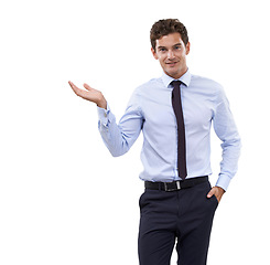 Image showing Portrait, presentation and hand gesture with a business man in studio isolated on a white background. Marketing, advertising and information with a confident young employee on space as a speaker