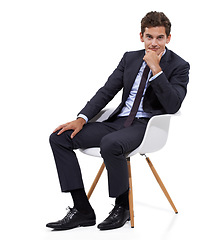 Image showing Studio, portrait and businessman thinking in a chair on white background or mock up space. Entrepreneur, mindset and manager sitting with ideas, planning or boss with confidence or pride in mission