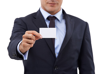 Image showing Business card, space and person with mockup, contact information or job offer and career in studio. Professional entrepreneur or corporate hands with presentation or opportunity on a white background