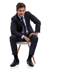 Image showing Sitting, manager and portrait of businessman in a chair with white background or mock up space in studio. Confident, entrepreneur and relax on seat with professional style, fashion or suit for work