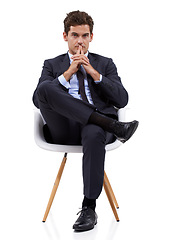 Image showing Thinking, young businessman and portrait on chair in studio mockup, with start up idea and professional. Person, face and thought as entrepreneur in corporate career and decision by white background