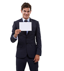 Image showing Business man, poster mockup and presentation for advertising opportunity, news or information in studio. Portrait of professional or corporate person with career paper or space on a white background
