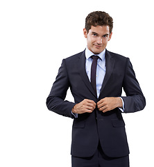 Image showing Button, jacket and portrait of businessman with suit, pride and confidence in white background or studio. Entrepreneur, manager and boss adjusting fashion with assertive, power or mock up space