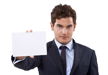 Image showing Business man, poster mockup and portrait with presentation for serious news, information or corporate opportunity in studio. Face of boss or professional person with card space on a white background