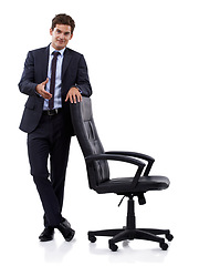 Image showing Portrait, business man and handshake for welcome, introduction and greeting at chair. Professional shaking hands in agreement, contract deal and b2b opportunity isolated on a white studio background