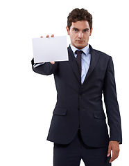 Image showing Business man, portrait and card mockup or presentation for information, opportunity and serious news in studio. Worker or corporate person with paper and space for career offer on a white background