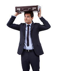 Image showing Business, man and briefcase to cover head for protection in white background or studio for insurance. Professional, entrepreneur and travel with luggage, case and holding bag in mock up space