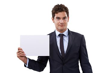 Image showing Business man, poster space and happy presentation with advertising for job opportunity, news or information in studio. Portrait of boss or professional person with paper mockup on a white background