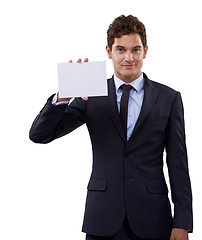 Image showing Professional man, poster mockup and presentation for advertising of opportunity, news or information in studio. Portrait of boss or business person with paper and space for job on a white background