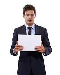 Image showing Business man, poster mockup and portrait with presentation for information, opportunity and serious news in studio. Professional boss or corporate person with paper and space on a white background