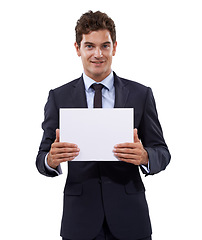 Image showing Professional man, poster mockup and happy presentation for advertising of job opportunity, news or information in studio. Portrait of boss or business person with paper or space on a white background