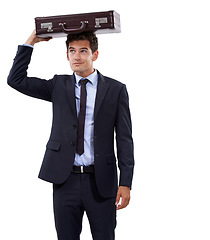 Image showing Suitcase, thinking and business with man, ideas and employee isolated on a white studio background. Person, model and entrepreneur with decision, choice and opportunity with promotion or mockup space