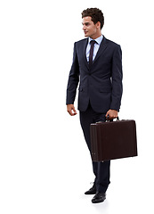 Image showing Confident, businessman and briefcase for corporate professional for career pride, worker and mock up. Person, suitcase or consultant as manager in suit, entrepreneurship or work by white background