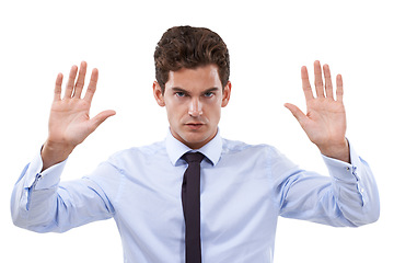 Image showing Businessman, hand and stop in studio portrait with forbidden warning, rejection and negative in mockup. Face, palm and emoji in defence sign for no, deny and wait for frustrated by white background