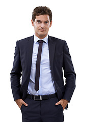 Image showing Business man, professional portrait and suit for confidence and legal career isolated on a white background. Corporate boss, executive and professional lawyer or attorney in formal clothes in studio